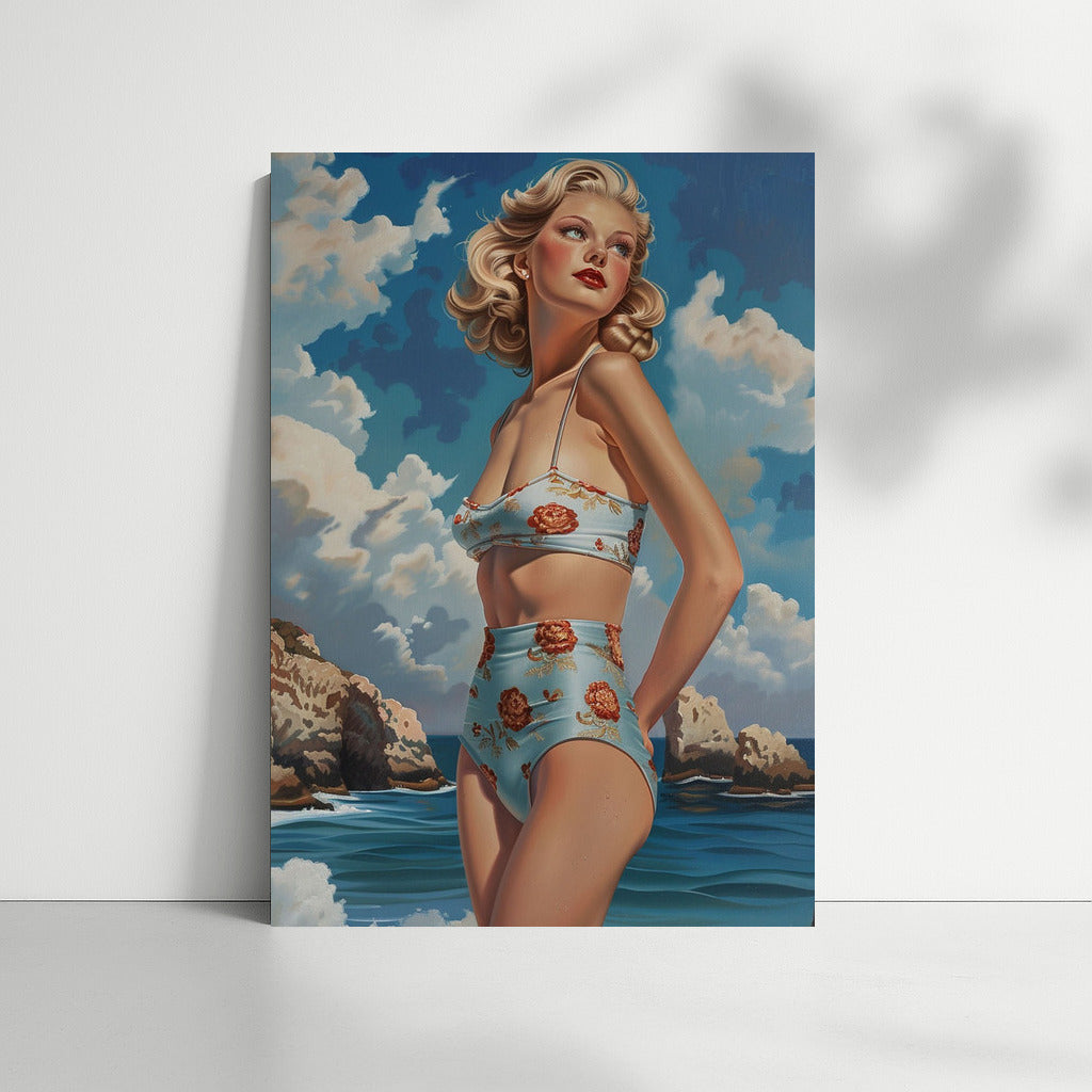 Elegant Blonde on Retro Sea Background: Vintage Charm for Classic Lovers