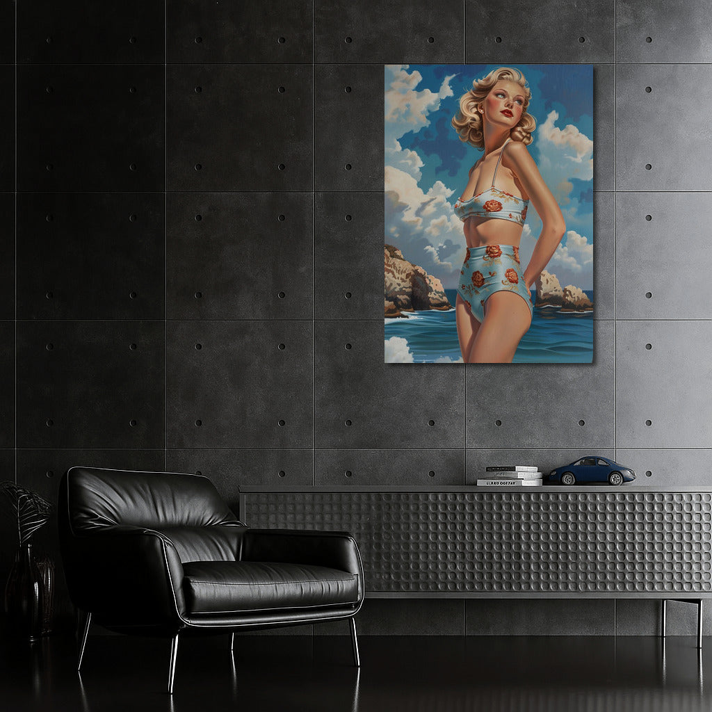 Elegant Blonde on Retro Sea Background: Vintage Charm for Classic Lovers