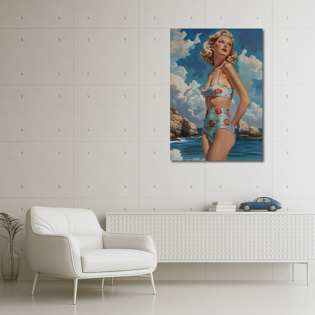 Elegant Blonde on Retro Sea Background: Vintage Charm for Classic Lovers