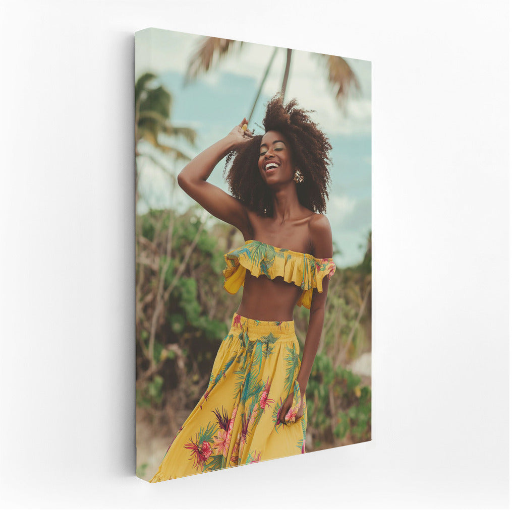 Glowing Caribbean Joy: Happy Woman Among the Palms