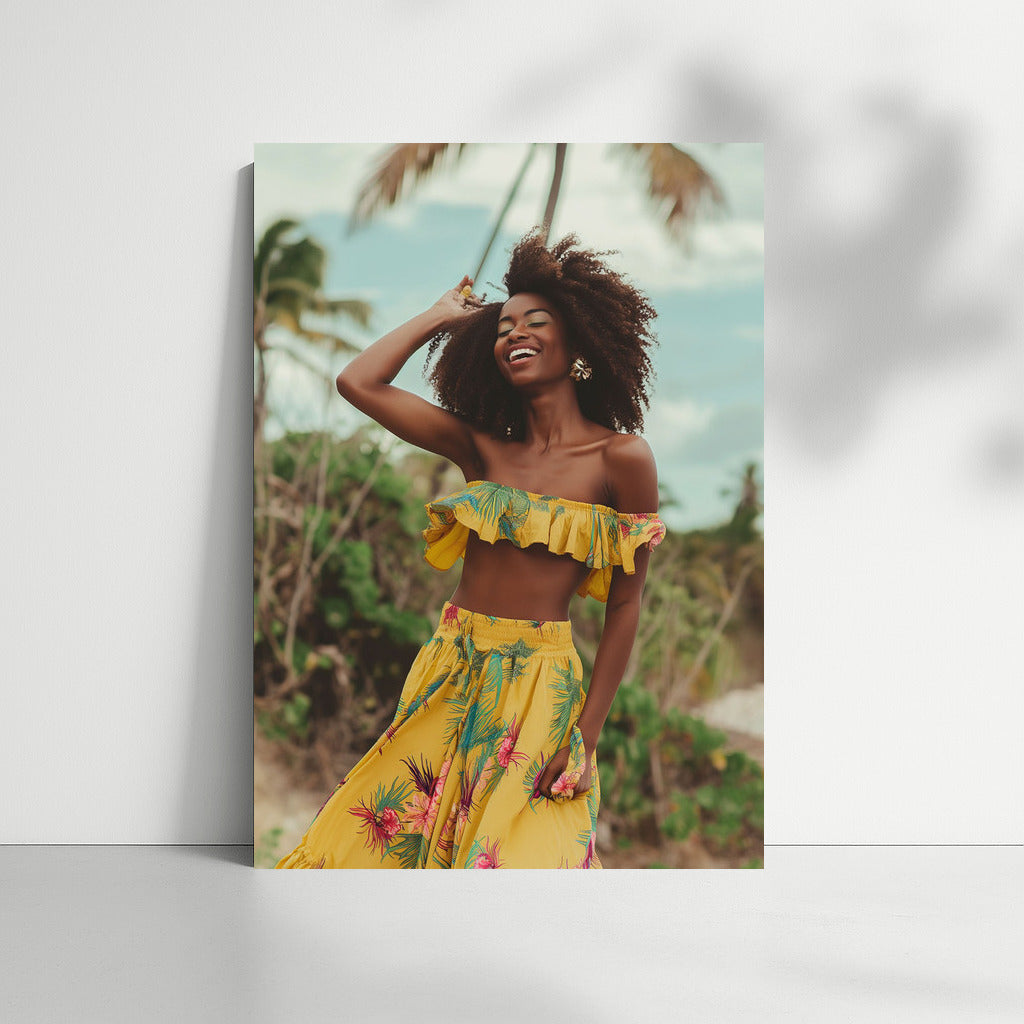 Glowing Caribbean Joy: Happy Woman Among the Palms