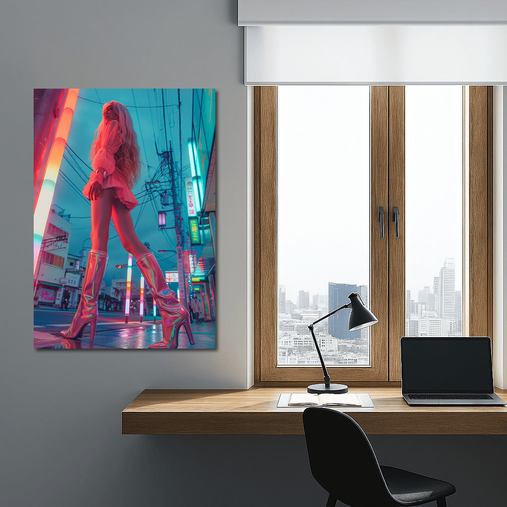 Neon Muse: Mysterious Girl in Pink Tones of Night City