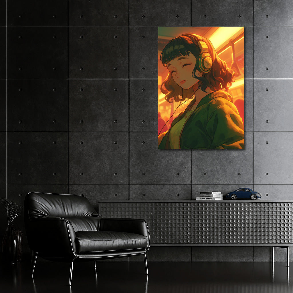 Musical Comfort: Girl with Headphones in Anime Style