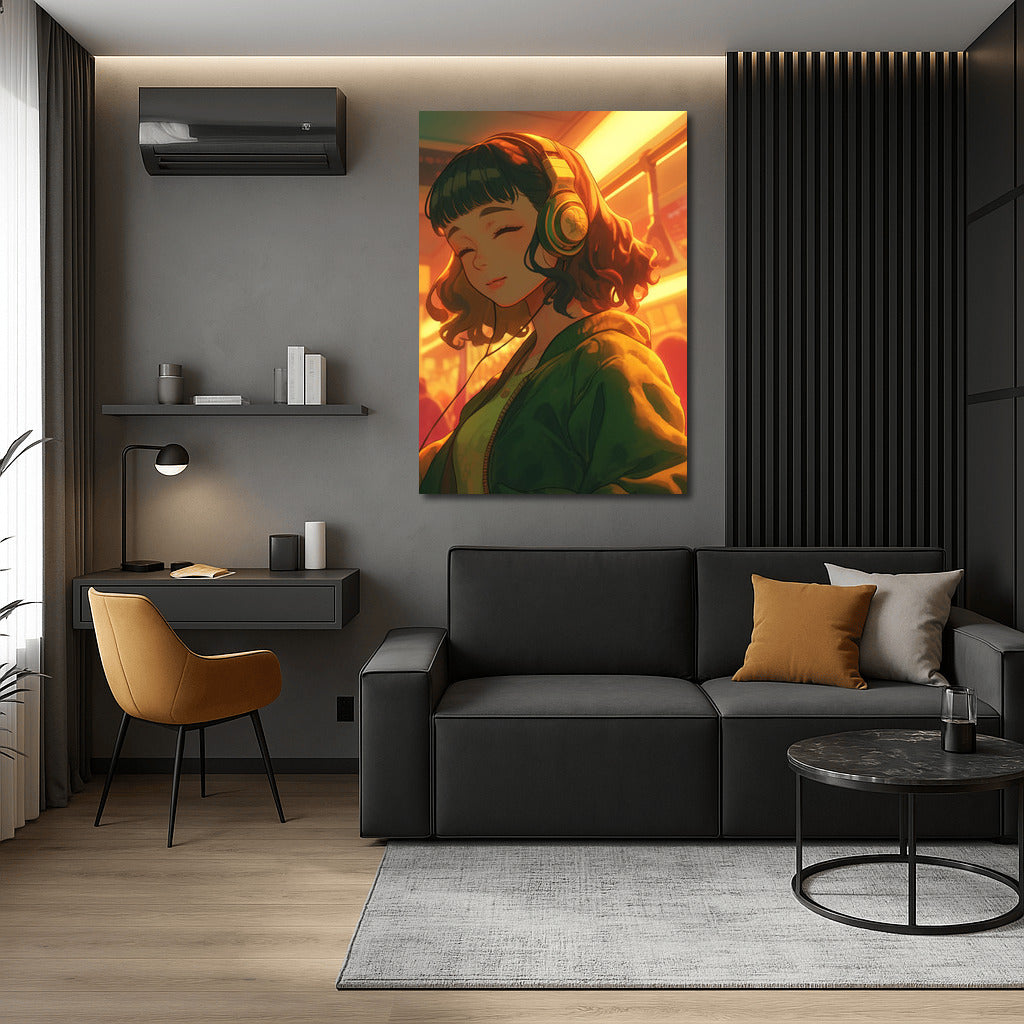 Musical Comfort: Girl with Headphones in Anime Style