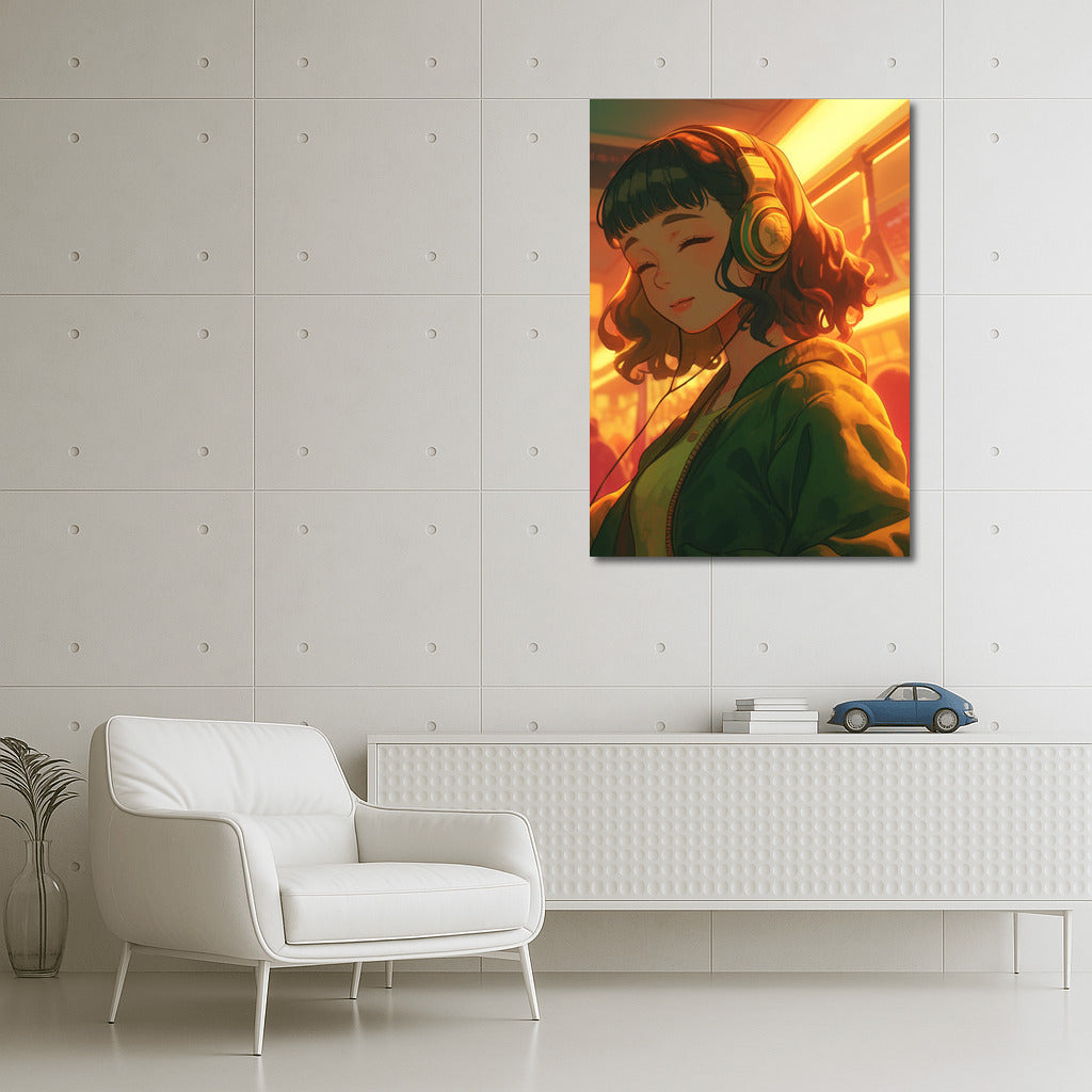 Musical Comfort: Girl with Headphones in Anime Style