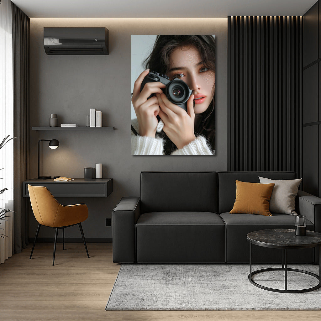 Mysterious Smile of Asian Beauty with Camera: Light and Shadows