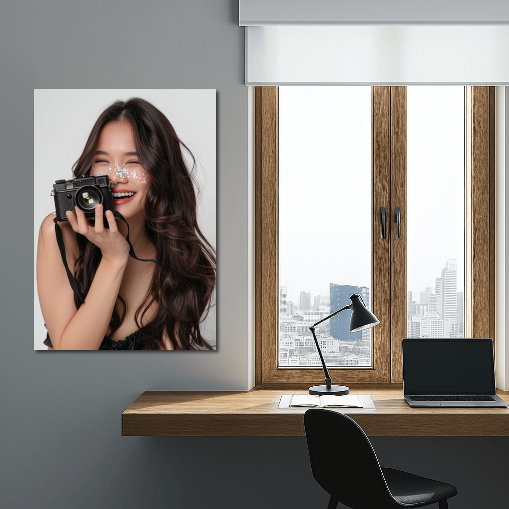 Asian Beauty Smile with Camera: Bright Accent for Interior