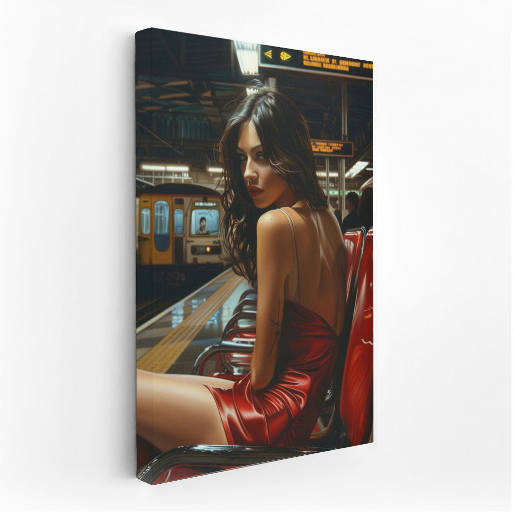 Girl in Red Dress at Metro Station: Vivid Portrait