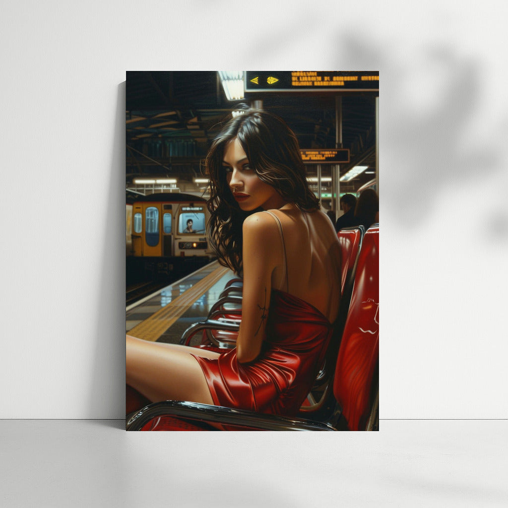 Girl in Red Dress at Metro Station: Vivid Portrait