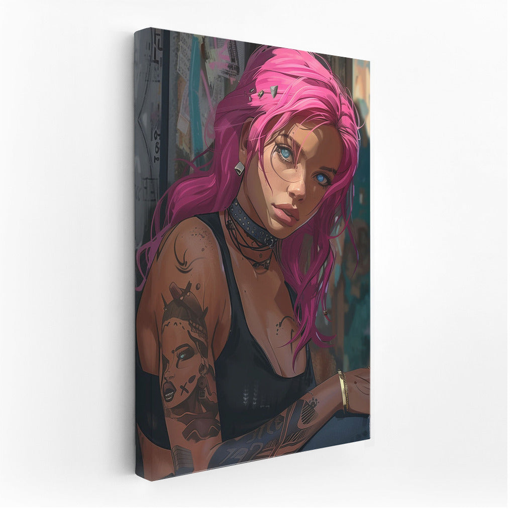 Mysterious Girl with Pink Hair: A Bright Accent for Your Wall