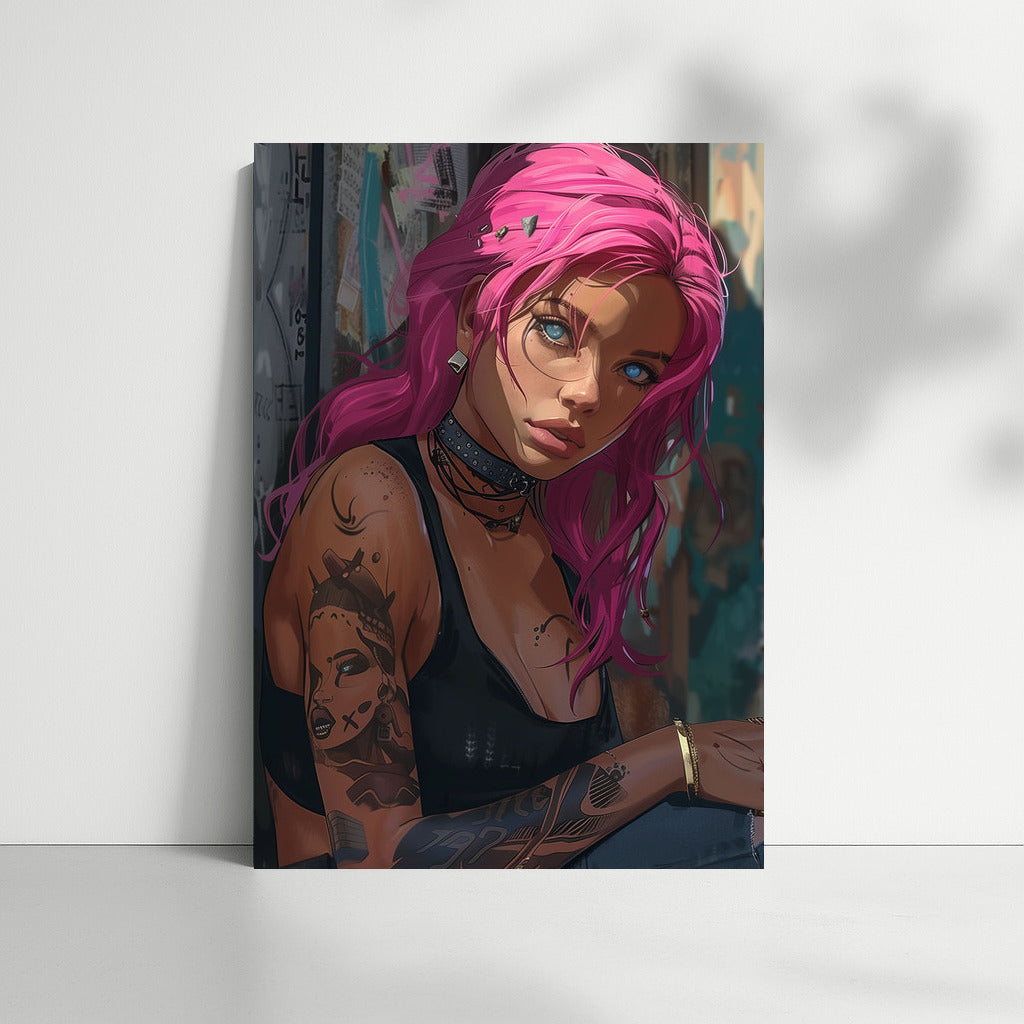 Mysterious Girl with Pink Hair: A Bright Accent for Your Wall