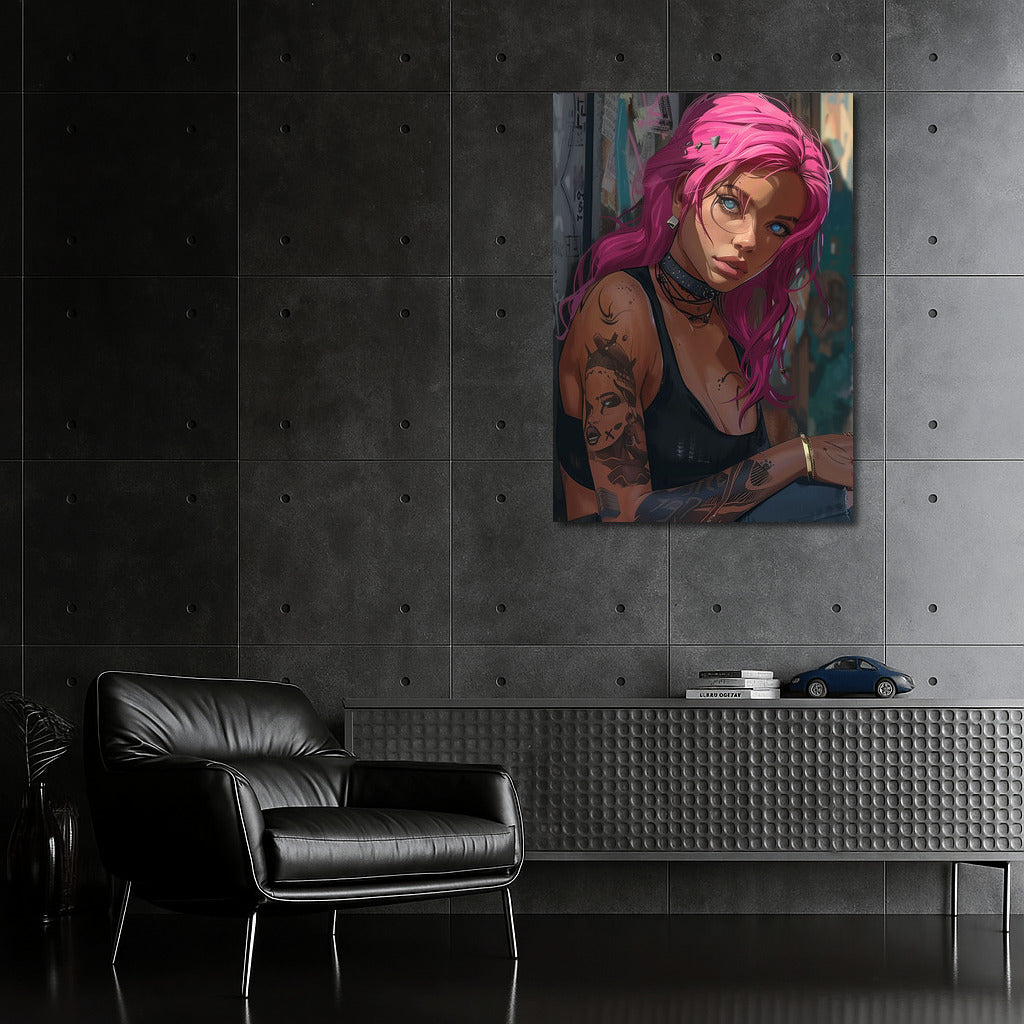 Mysterious Girl with Pink Hair: A Bright Accent for Your Wall