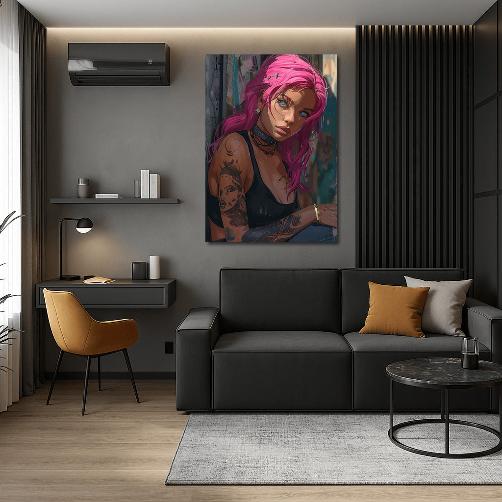 Mysterious Girl with Pink Hair: A Bright Accent for Your Wall