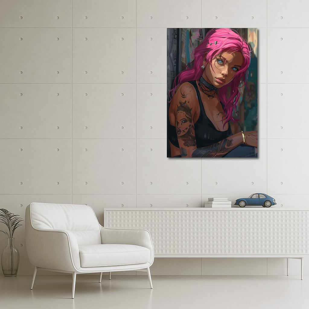 Mysterious Girl with Pink Hair: A Bright Accent for Your Wall