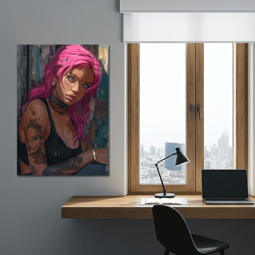 Mysterious Girl with Pink Hair: A Bright Accent for Your Wall