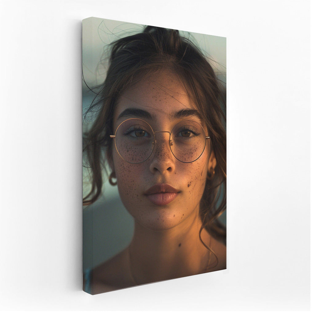 Dreamy Look: Portrait of a Brunette with Freckles and Glasses
