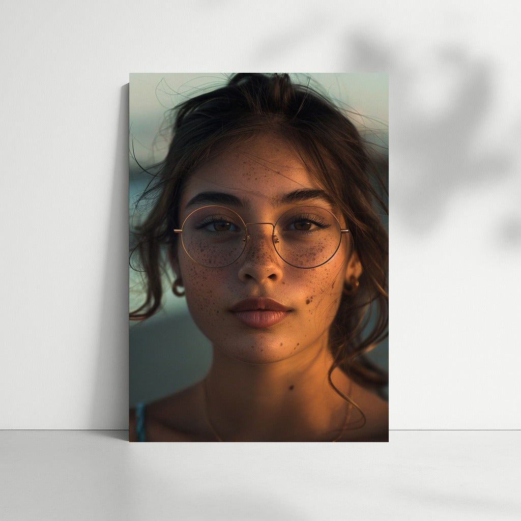 Dreamy Look: Portrait of a Brunette with Freckles and Glasses