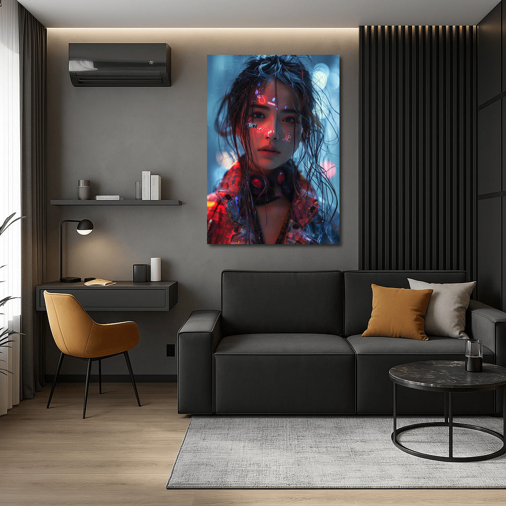 Neon Girl in Bright Lights: Futuristic Charm