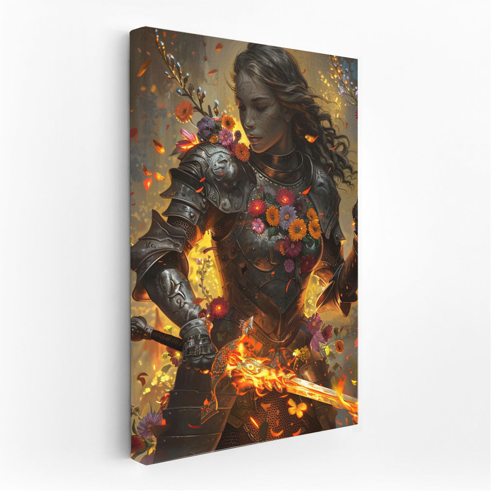 Girl in Armor Among a Flower Field: Magical Harmony of Nature