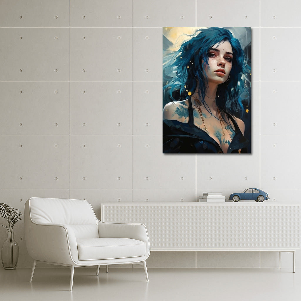 Mystical girl with blue hair: a fantasy accent for your interior