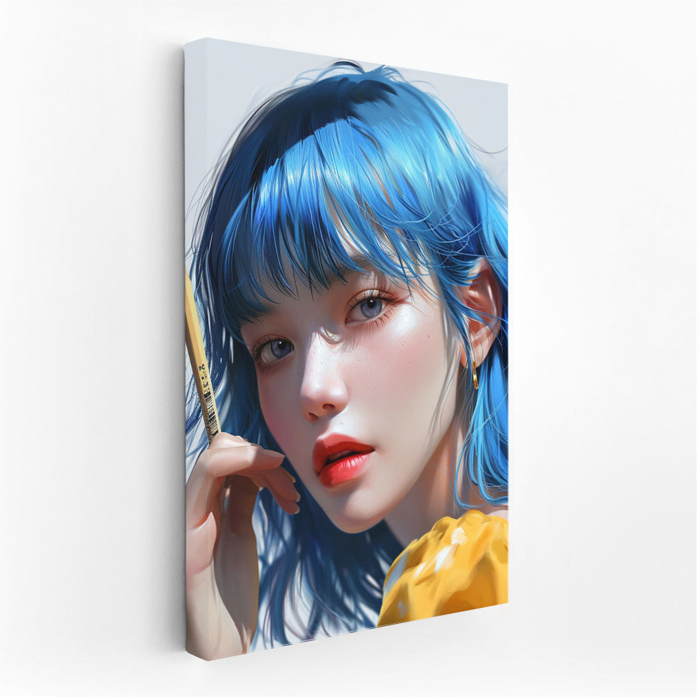 Mysterious Girl With Blue Eyes And Hair: Unique Wall Decoration