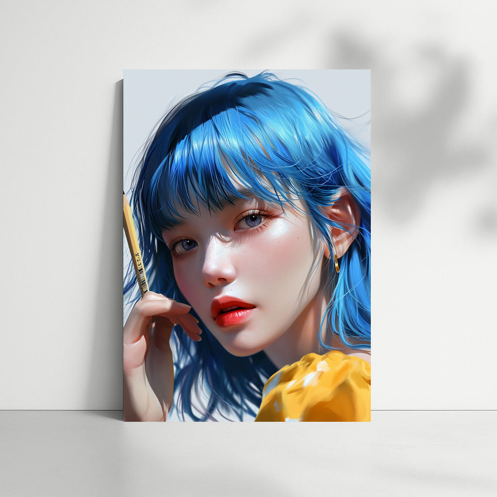 Mysterious Girl With Blue Eyes And Hair: Unique Wall Decoration