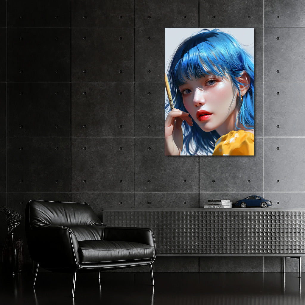 Mysterious Girl With Blue Eyes And Hair: Unique Wall Decoration