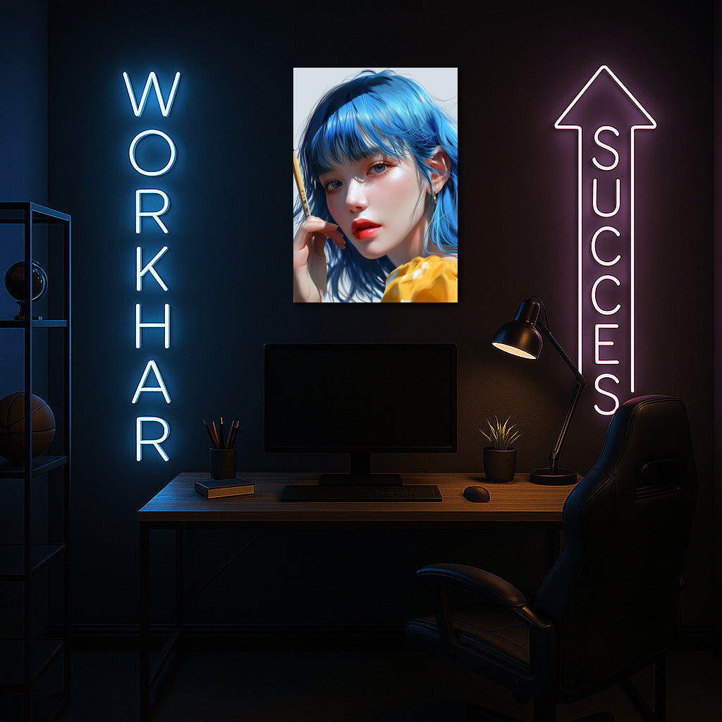 Mysterious Girl With Blue Eyes And Hair: Unique Wall Decoration