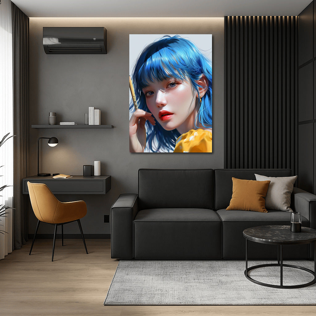 Mysterious Girl With Blue Eyes And Hair: Unique Wall Decoration