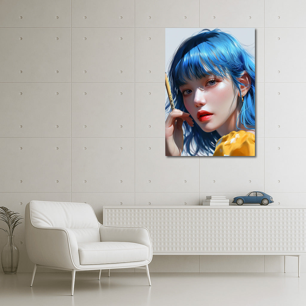 Mysterious Girl With Blue Eyes And Hair: Unique Wall Decoration