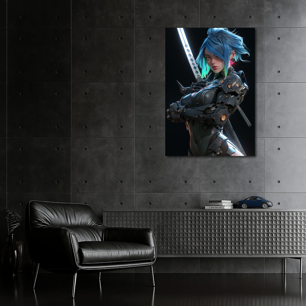 Cyberpunk Valkyrie: Blue Haired Girl in Futuristic Armor