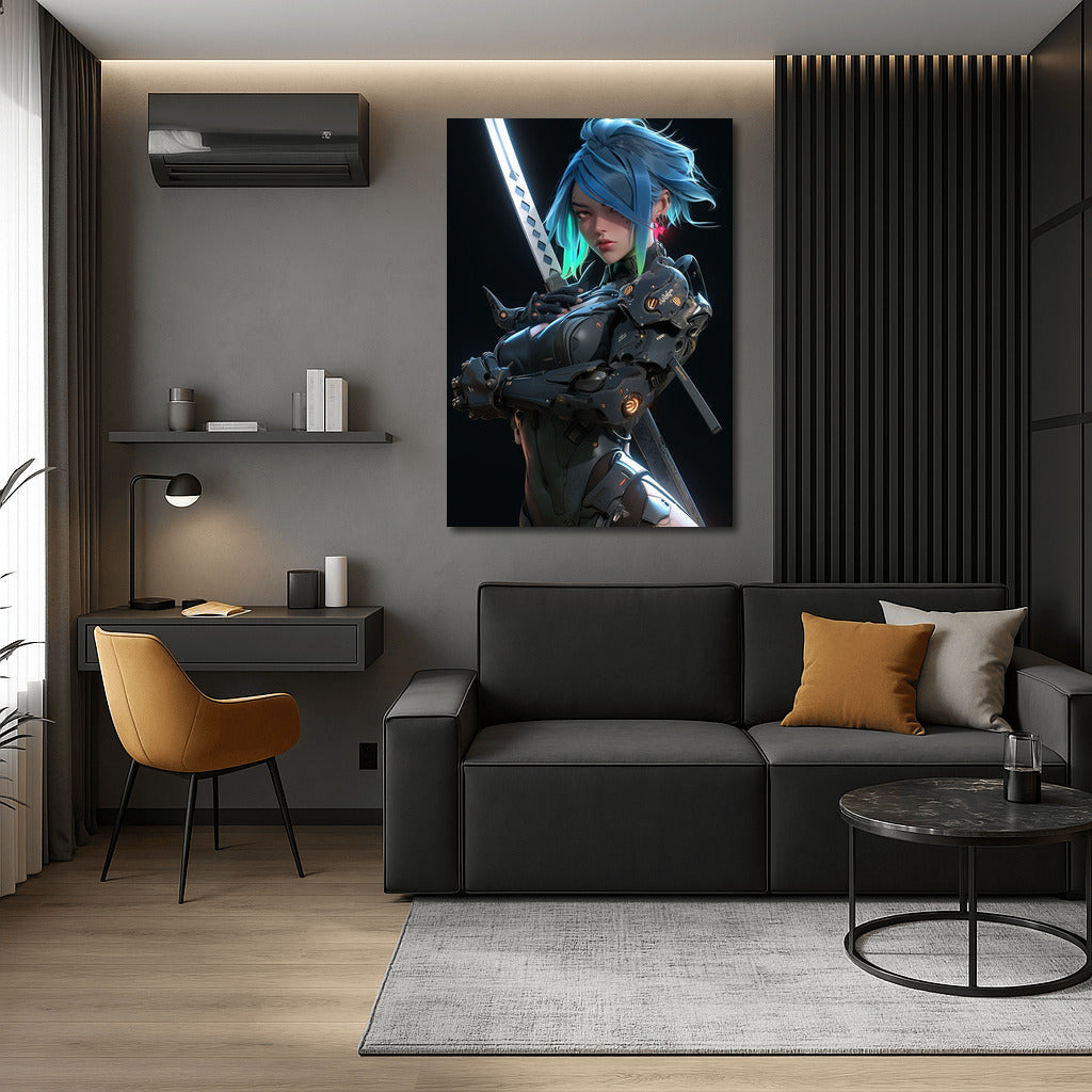 Cyberpunk Valkyrie: Blue Haired Girl in Futuristic Armor