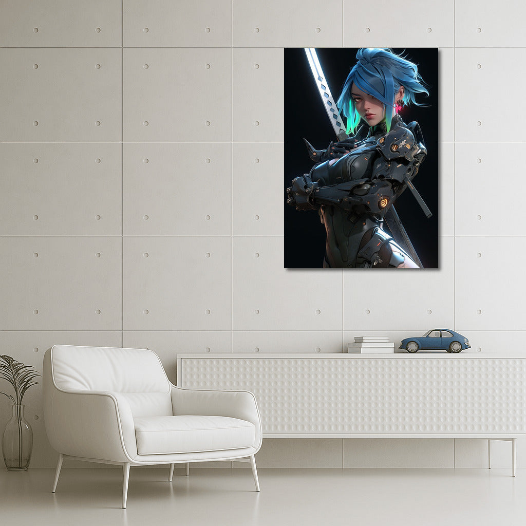 Cyberpunk Valkyrie: Blue Haired Girl in Futuristic Armor