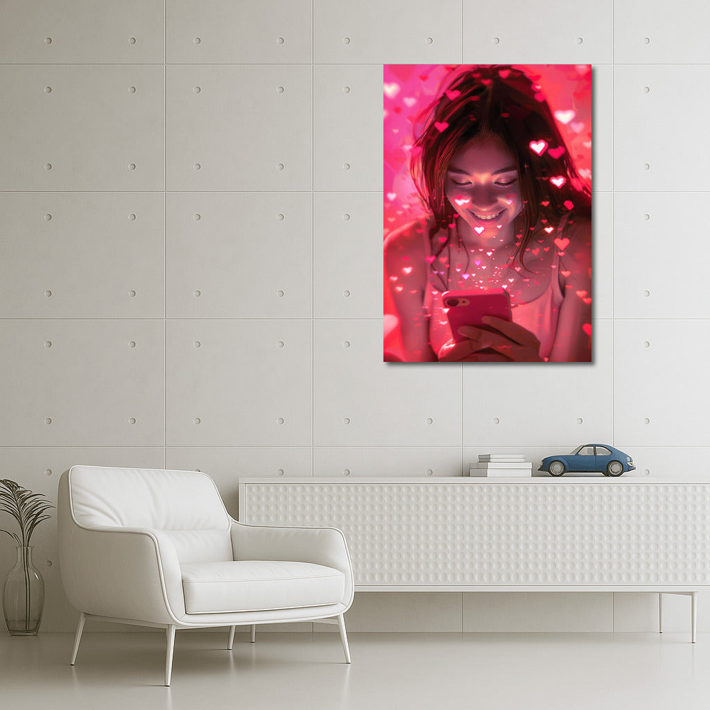 Happy Girl in the Ocean of Pink Hearts