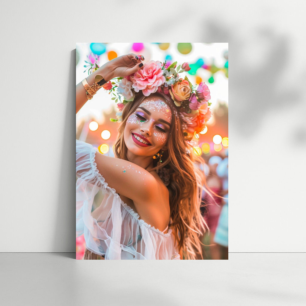 Happy Girl in Flower Wreath: Bright Mood on the Wall
