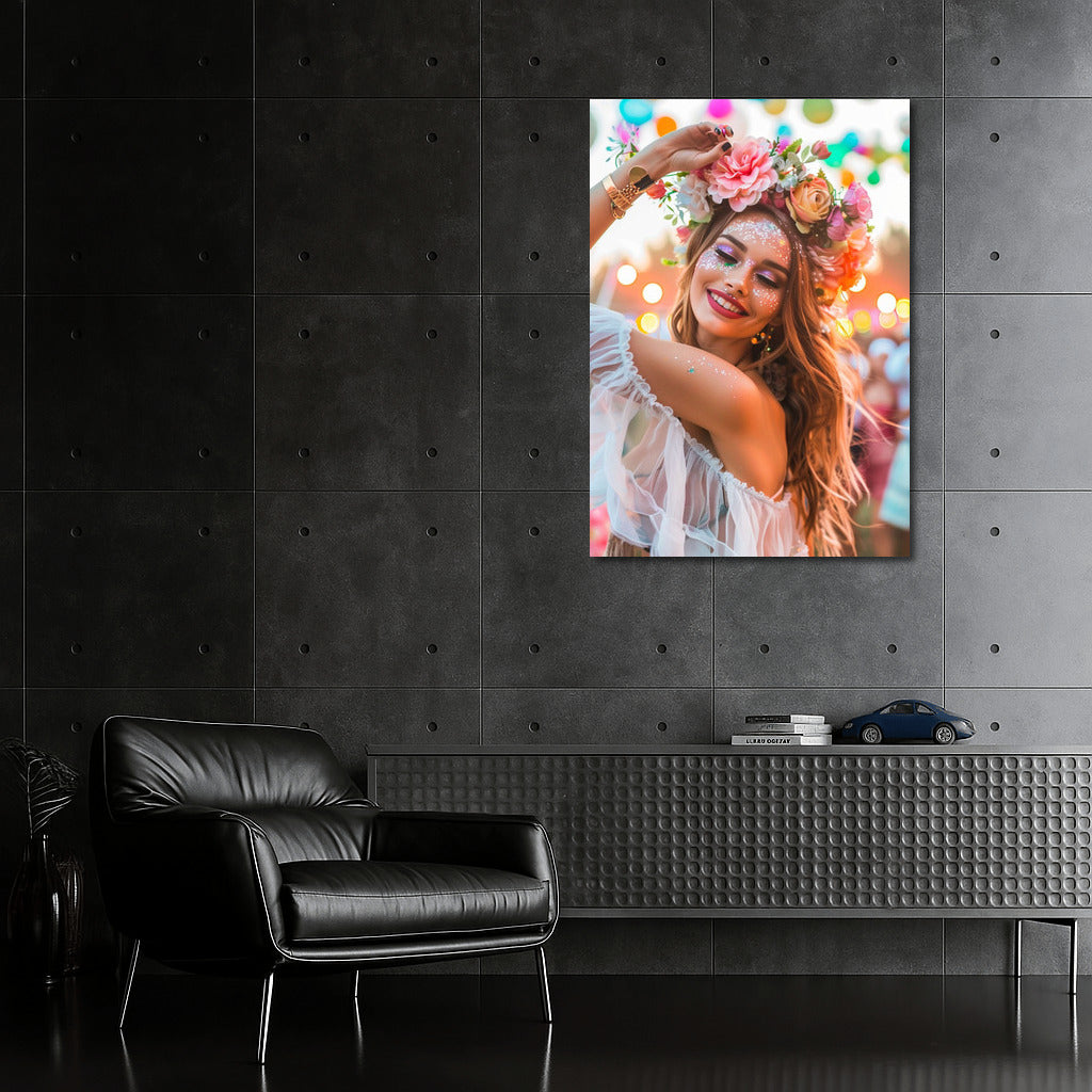 Happy Girl in Flower Wreath: Bright Mood on the Wall