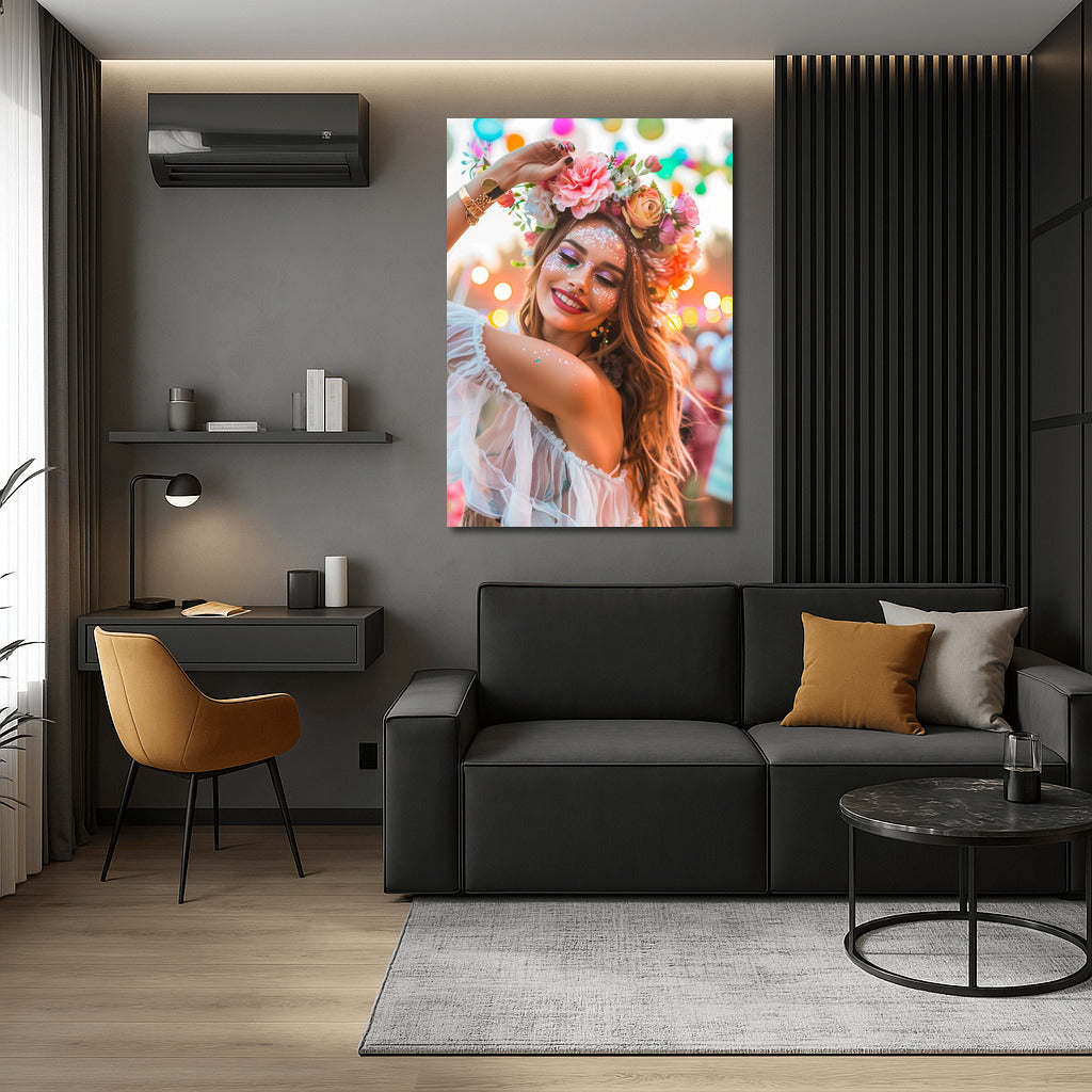 Happy Girl in Flower Wreath: Bright Mood on the Wall