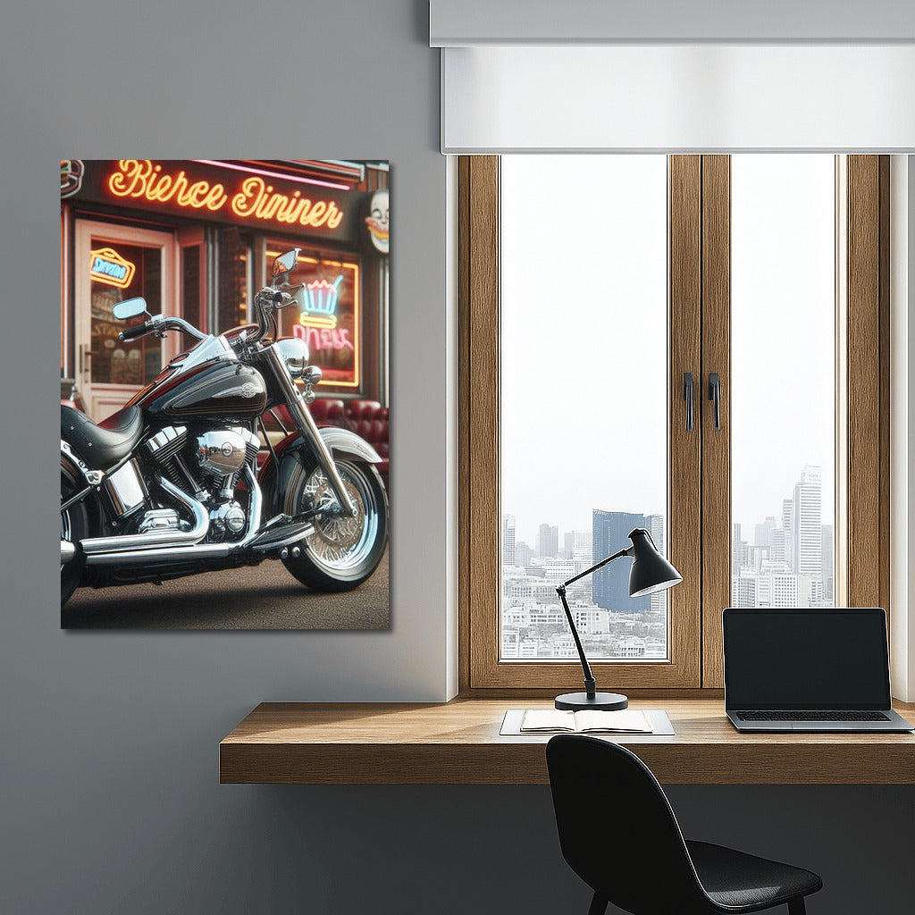 Cruiser Motorcycle at Retro Cafe: Style and Speed on the Wall