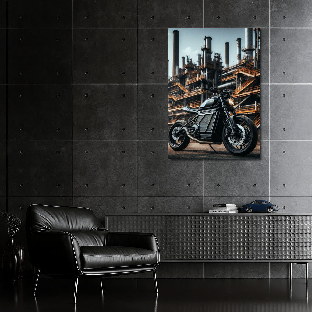 Electric Motorcycle in Industrial Zone: Speed and Modernity