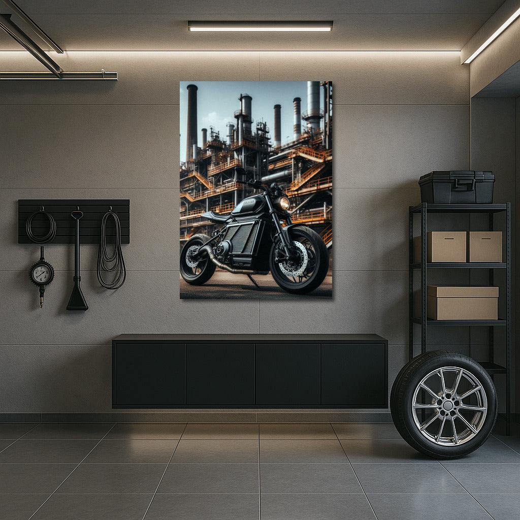 Electric Motorcycle in Industrial Zone: Speed and Modernity