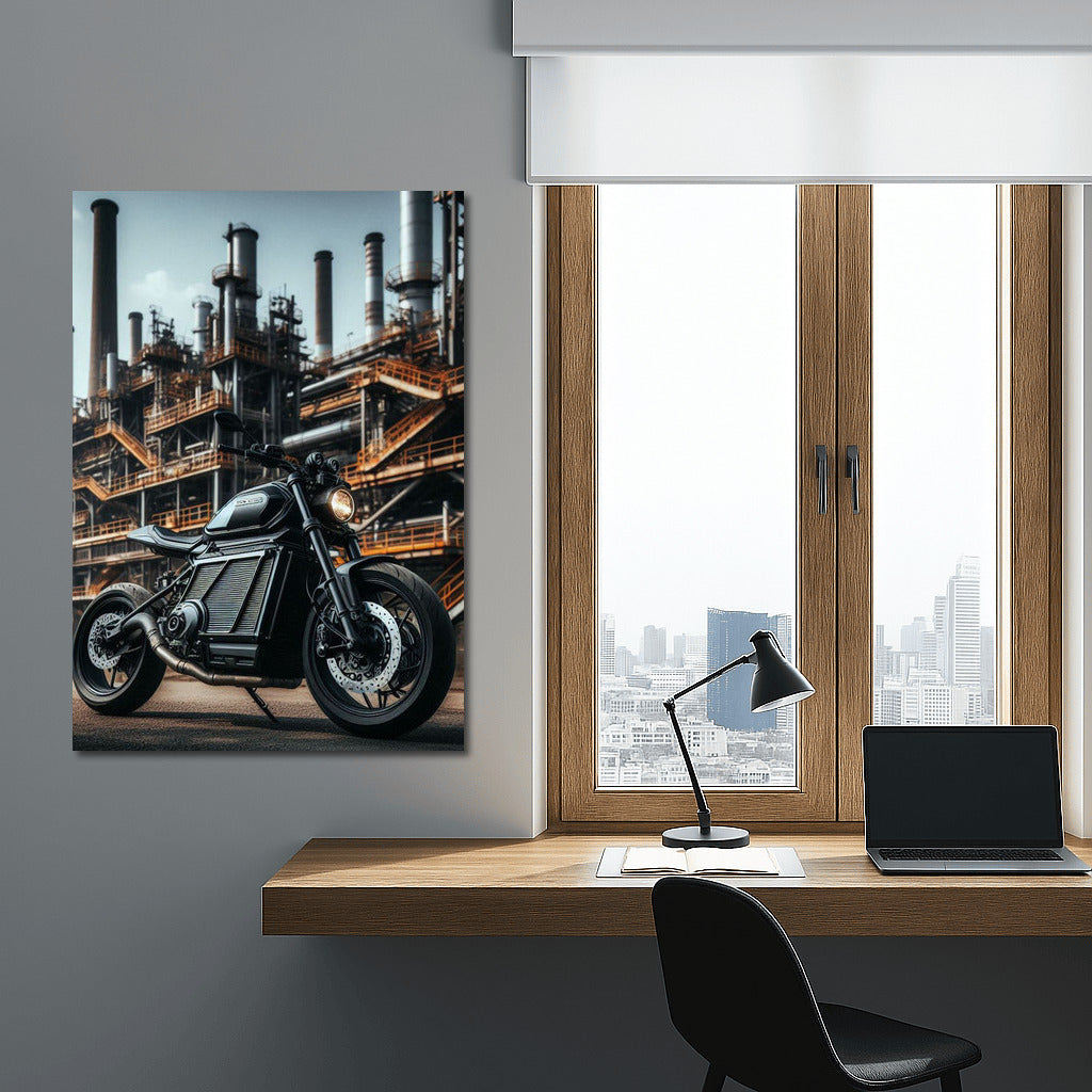 Electric Motorcycle in Industrial Zone: Speed and Modernity