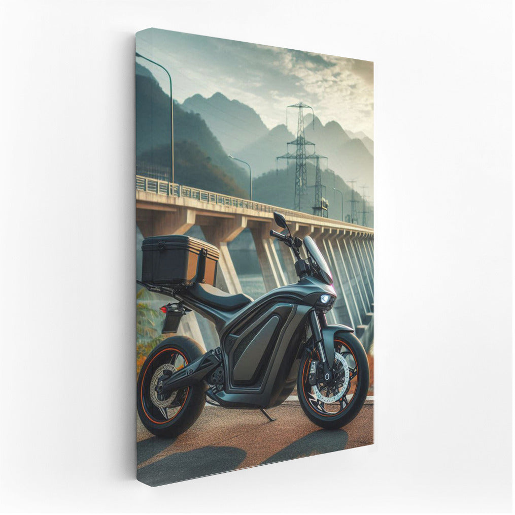 Speed Energy: Electric Motorcycle Against Dam Backdrop