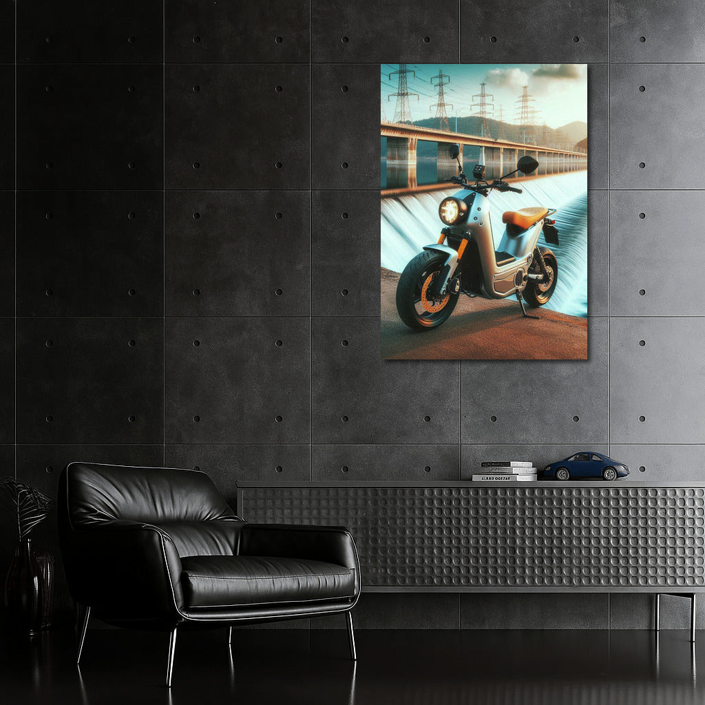 Electric Motorcycle with Dam in the Background: Speed and Nature