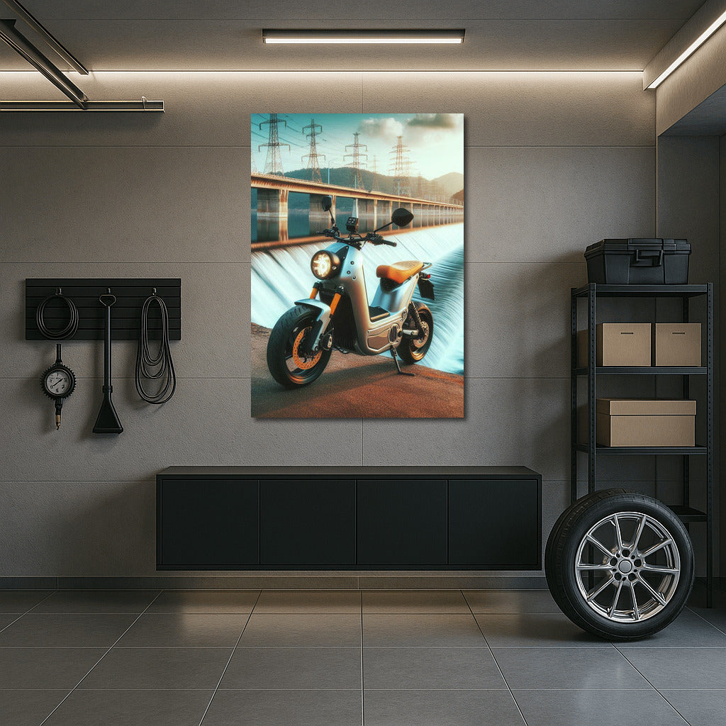 Electric Motorcycle with Dam in the Background: Speed and Nature