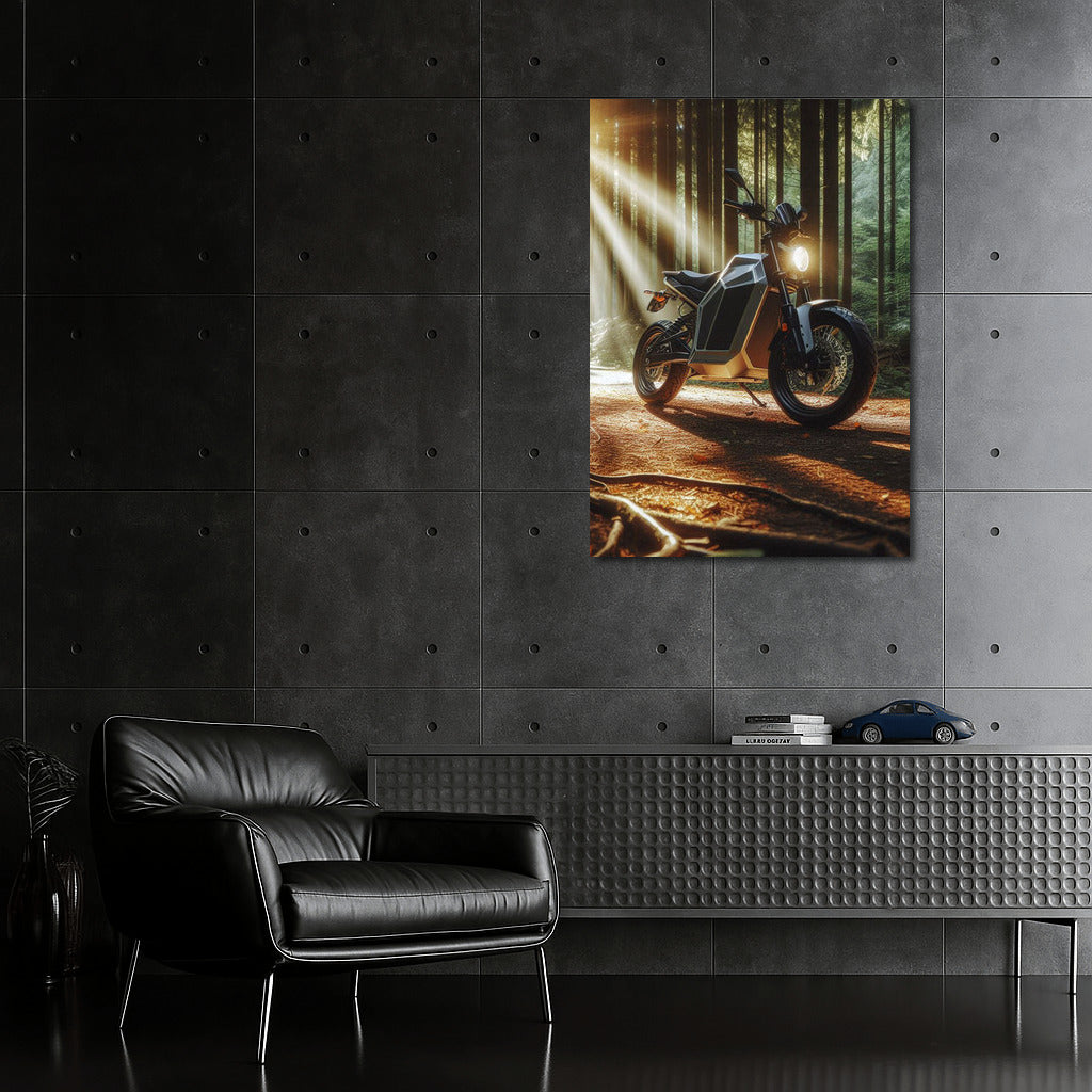 Electric Motorcycle in the Sunny Forest: Freedom and Style on the Forest Trail