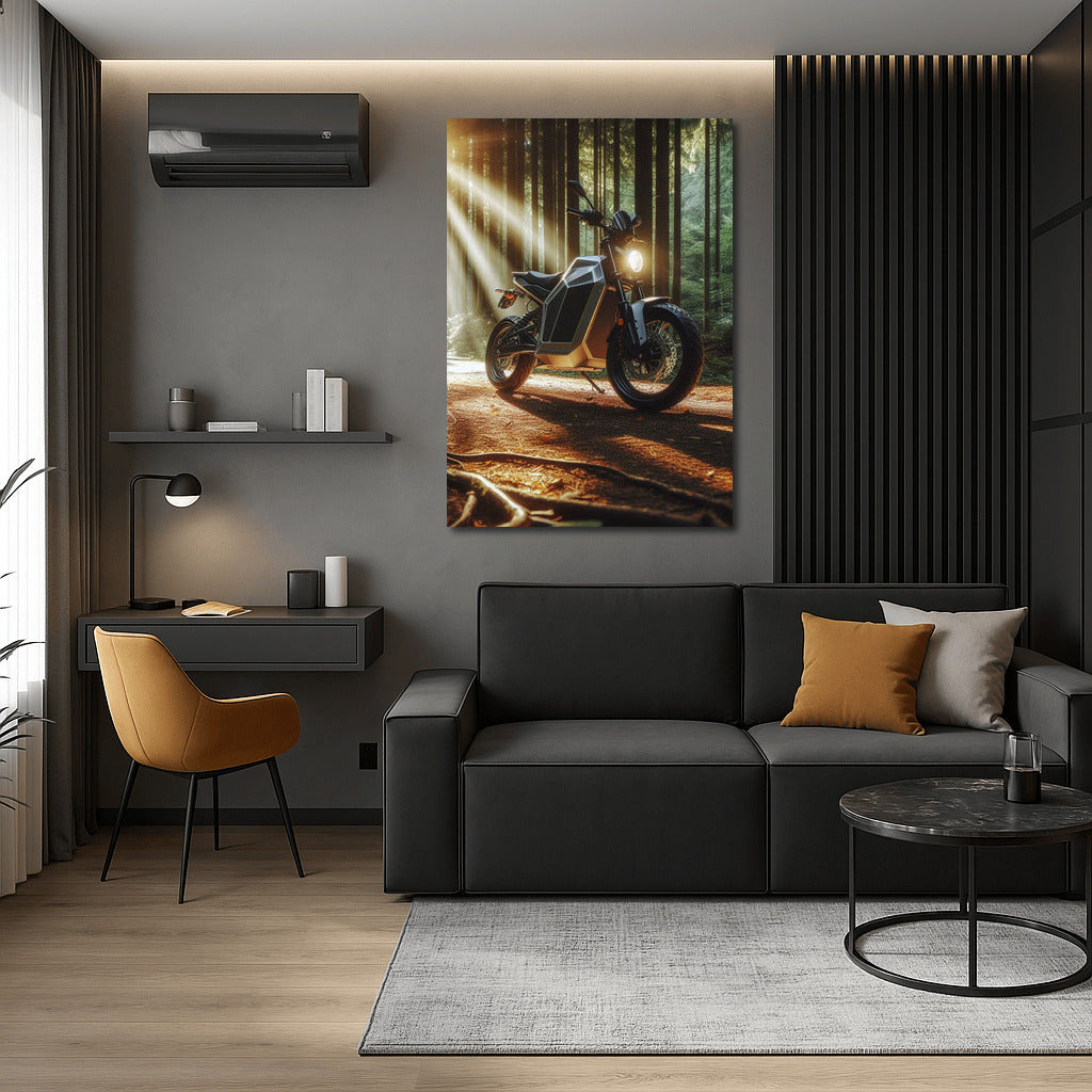 Electric Motorcycle in the Sunny Forest: Freedom and Style on the Forest Trail