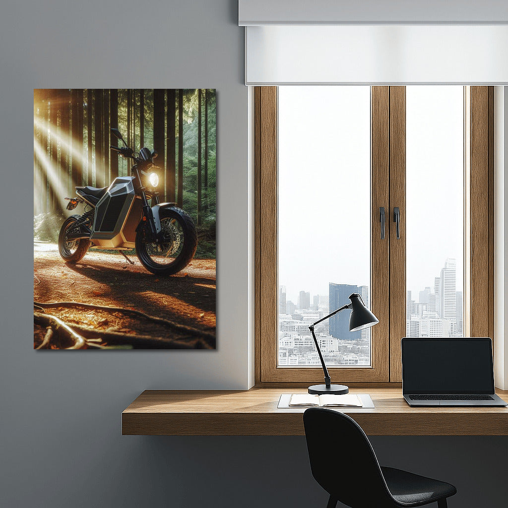 Electric Motorcycle in the Sunny Forest: Freedom and Style on the Forest Trail