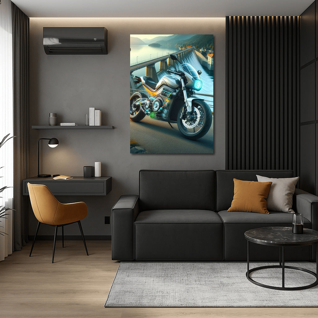 Electric motorcycle on the dam: a symphony of speed and nature