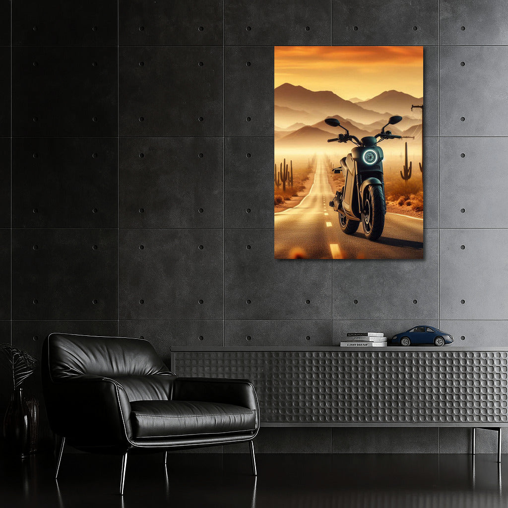 Electric motorcycle on the horizon of the desert with cacti