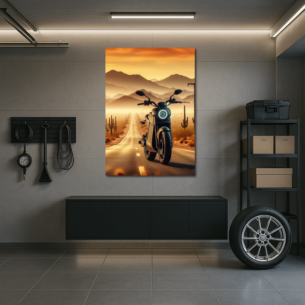 Electric motorcycle on the horizon of the desert with cacti